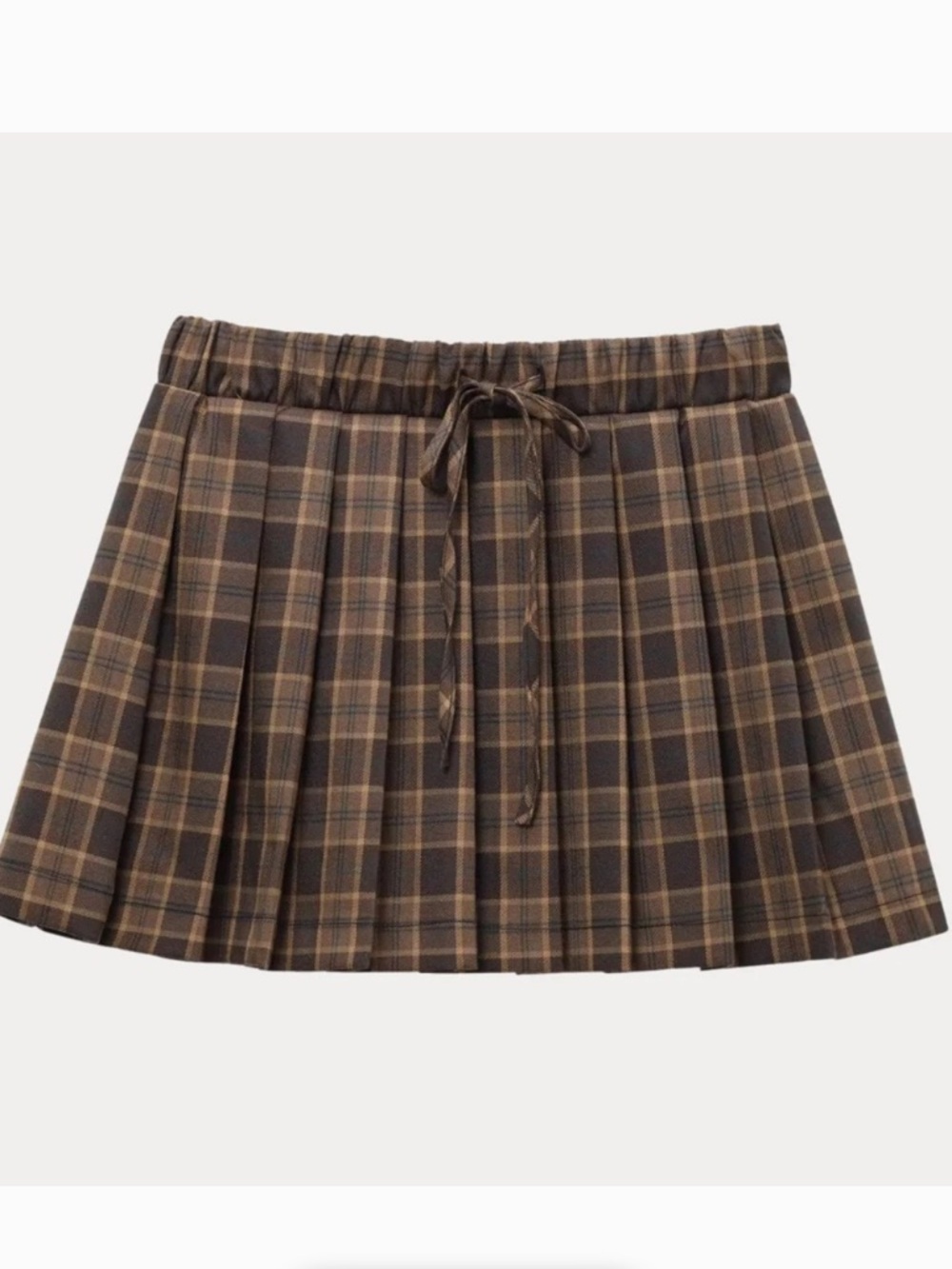 Zara Brown Plaid Pleated Mini Skirt with Drawstring